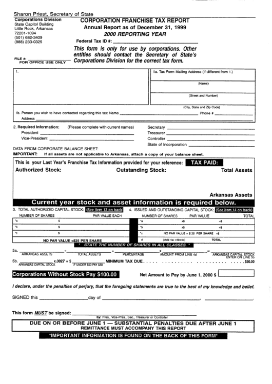 Corporation Franchise Tax Report - Arkansas Secretary Of State, 1999 Printable pdf