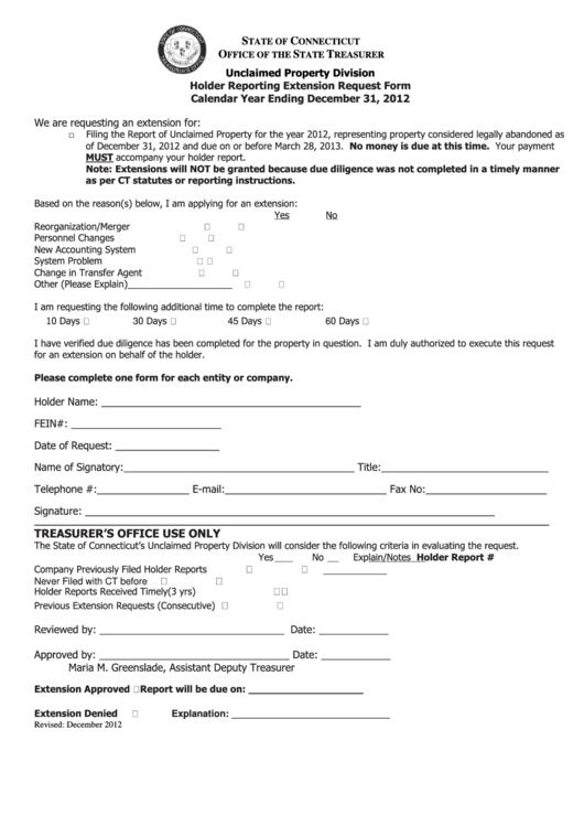 Holder Reporting Extension Request Form - Connecticut Office Of The State Treasurer - 2012 Printable pdf