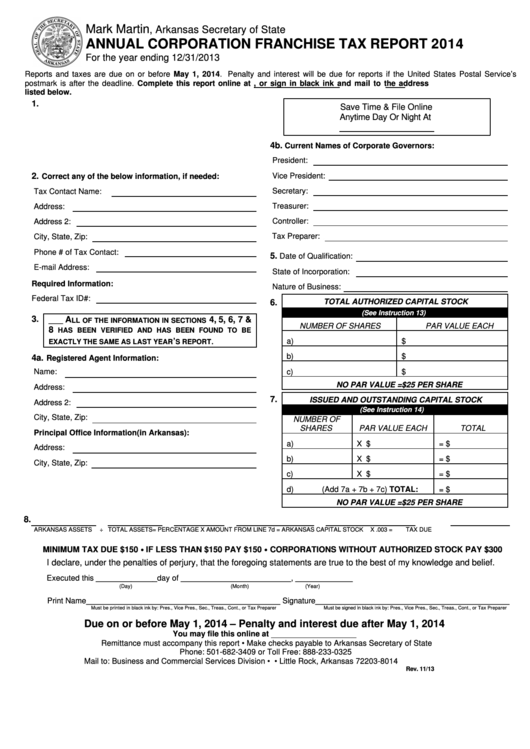 Fillable Annual Corporation Franchise Tax Report - Arkansas Secretary Of State - 2014 Printable pdf