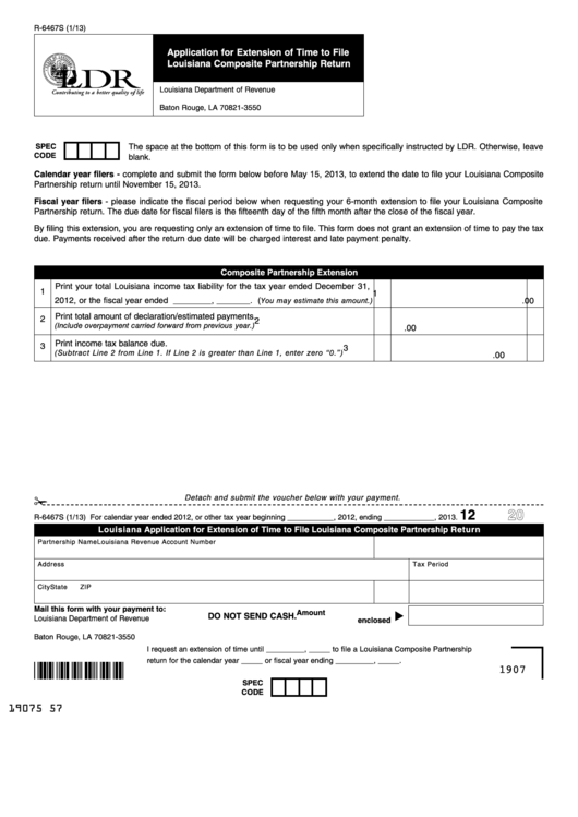 Fillable Form R-6467s - Application For Extension Of Time To File Louisiana Composite Partnership Return Printable pdf