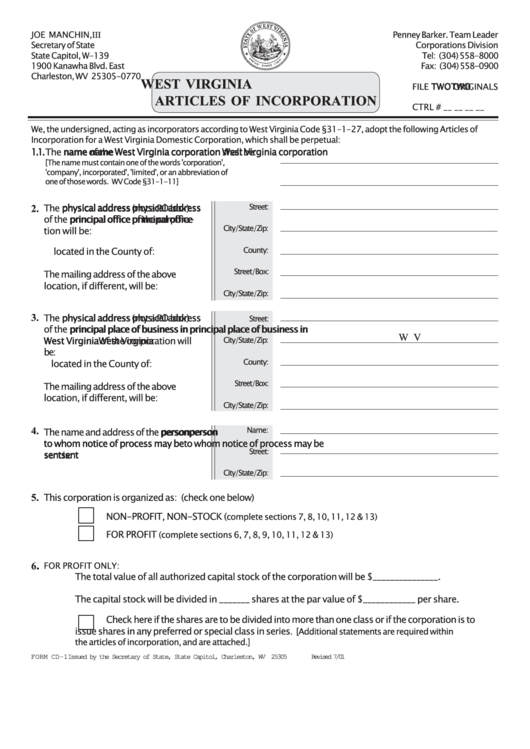Fillable West Virginia Articles Of Incorporation Printable pdf