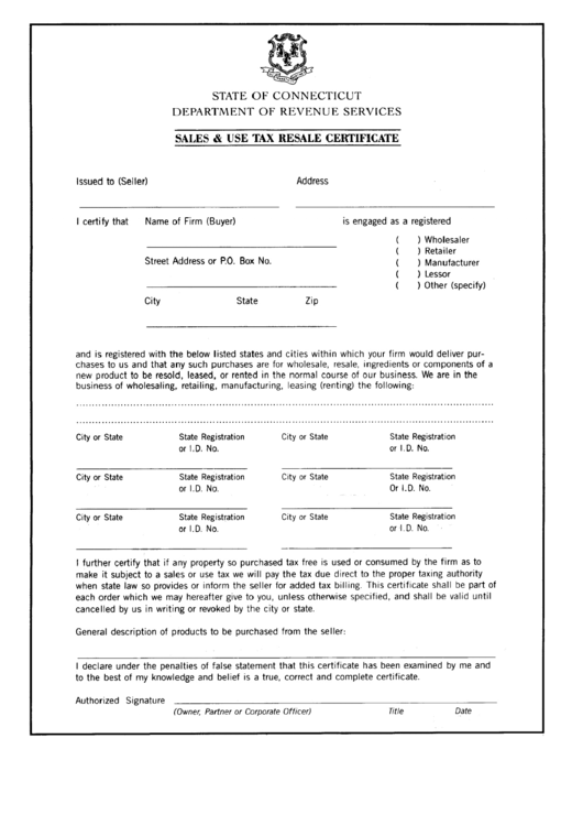 Sales And Use Tax Resale Certificate - Connecticut Department Of Revenue Services Printable pdf
