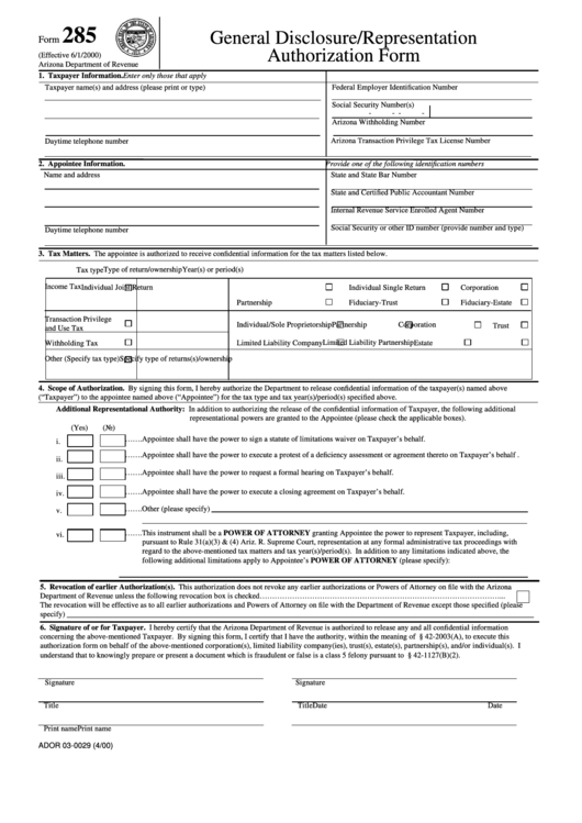 Fillable Form 285 - General Disclosure/representation Authorization Form - Arizona Department Of Revenue Printable pdf
