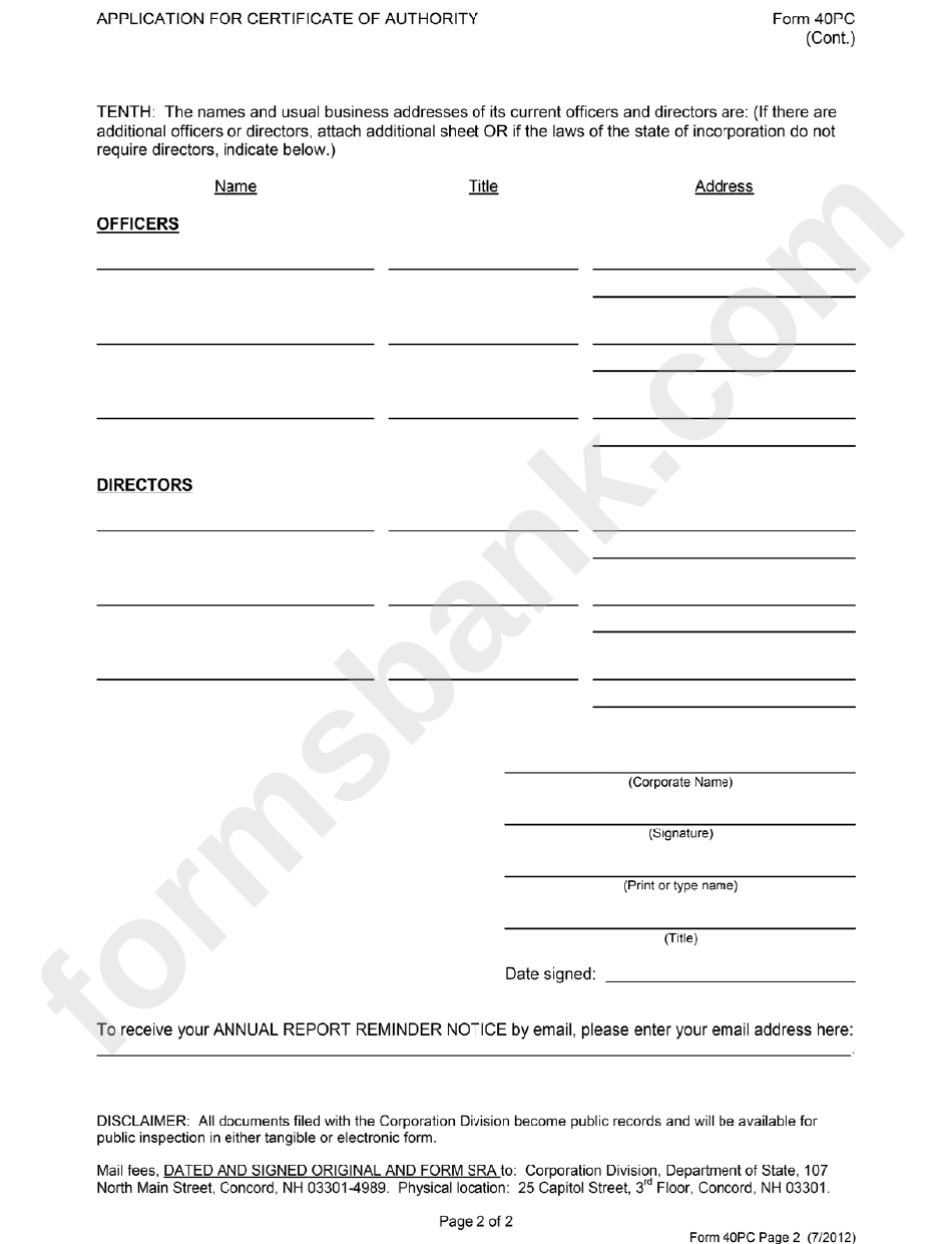 Form 40pc - Application For Certificate Of Authority For Profit Foreign Professional Corporation - 2012