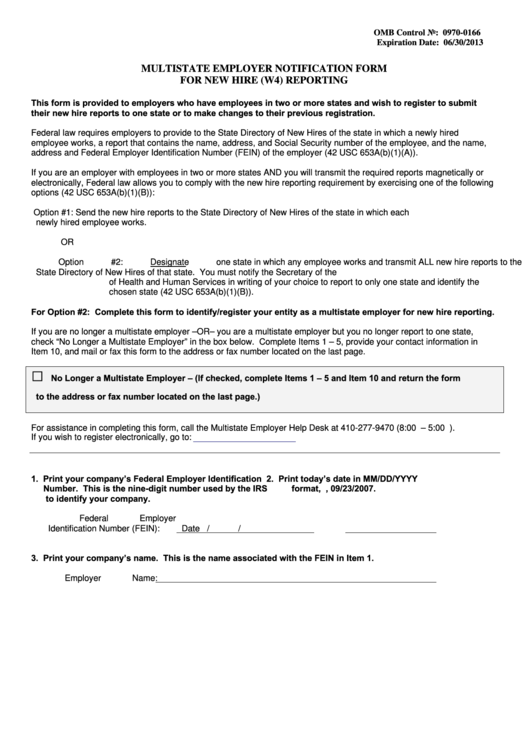 Multistate Employer Notification Form For New Hire (W4) Reporting - 2013 Printable pdf