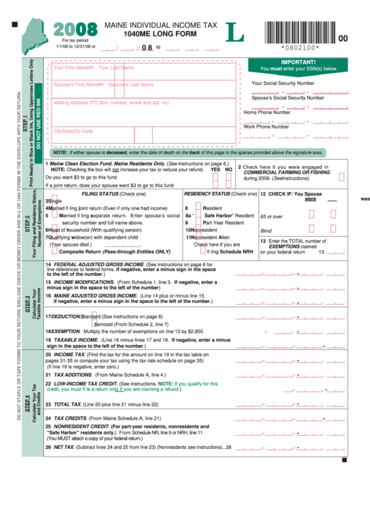 Form 1040me - Maine Individual Income Tax - Long Form - 2008 Printable pdf