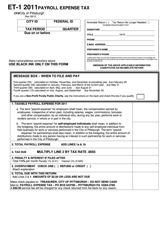 Form Et-1 - Payroll Expense Tax - City Of Pittsburgh - 2011 Printable pdf