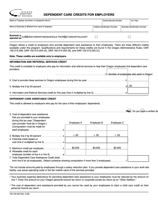 Form 150-102-032 - Dependent Care Credits For Employers - Oregon Department Of Revenue Printable pdf