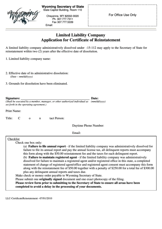 Fillable Limited Liability Company Application For Certificate Of Reinstatement Printable pdf