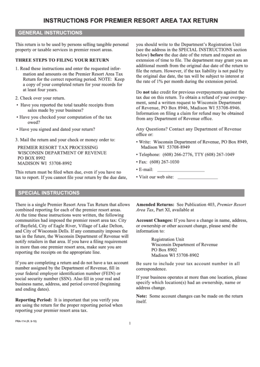 Form Pra-114 - Instructions For Premier Resort Area Tax Return Printable pdf