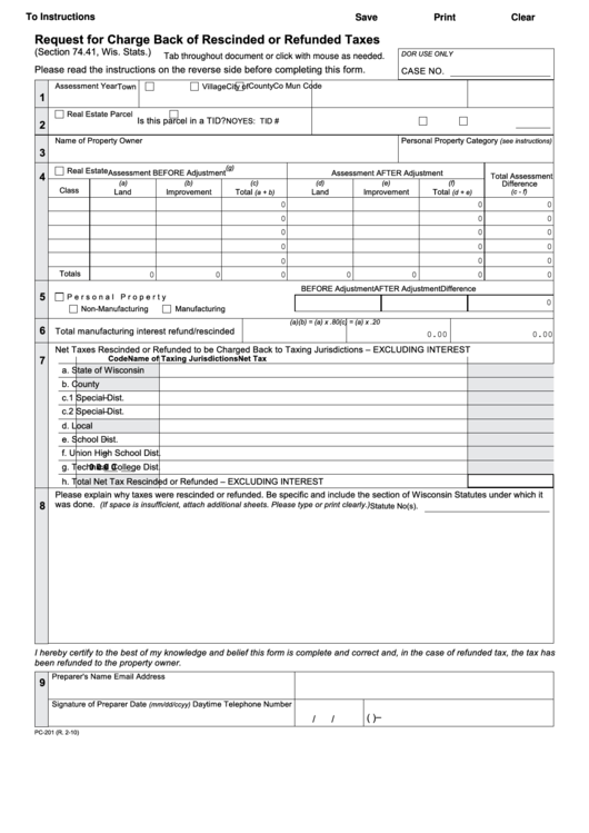 Fillable Form Pc-201 - Request For Charge Back Of Rescinded Or Refunded Taxes Printable pdf