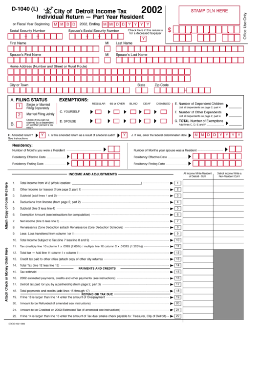Form D-1040 (L) - City Of Detroit Income Tax Individual Return-Part Year Resident - 2002 Printable pdf