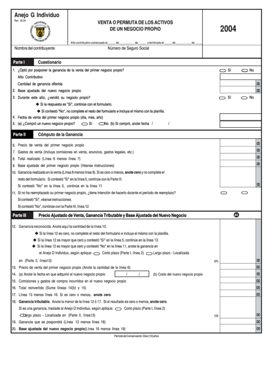 Form Anejo G Individuo - Venta O Permuta De Los Activos De Un Negocio Propio - 2004 Printable pdf