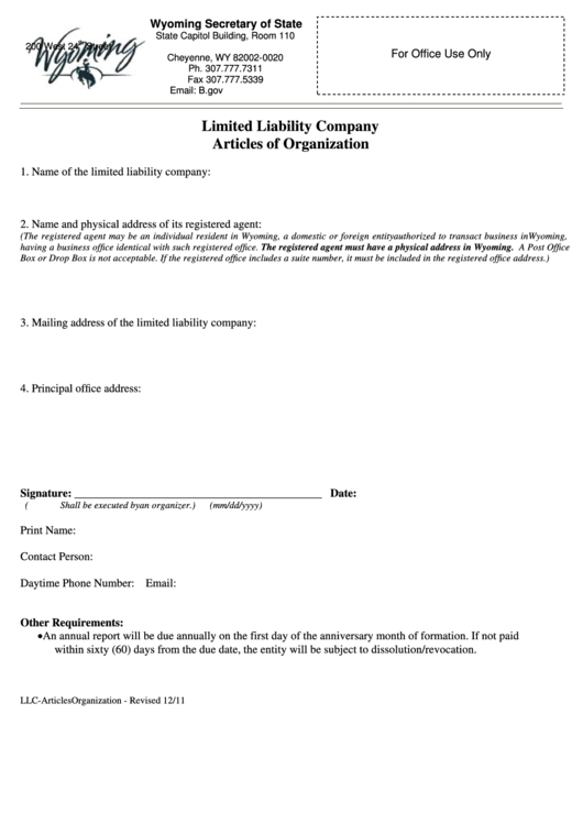 Fillable Limited Liability Company Articles Of Organization - Wyoming Secretary Of State - 2011 Printable pdf