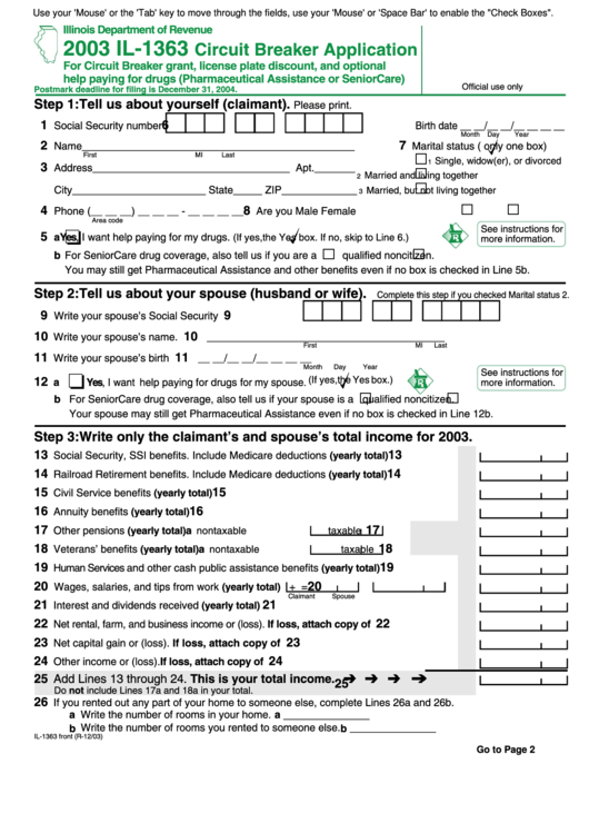 Fillable Form Il-1363 - Circuit Breaker Application - 2003 Printable pdf