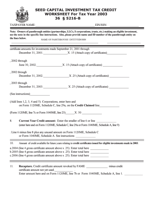 Seed Capital Investment Tax Credit Worksheet For Tax Year 2003 Printable pdf