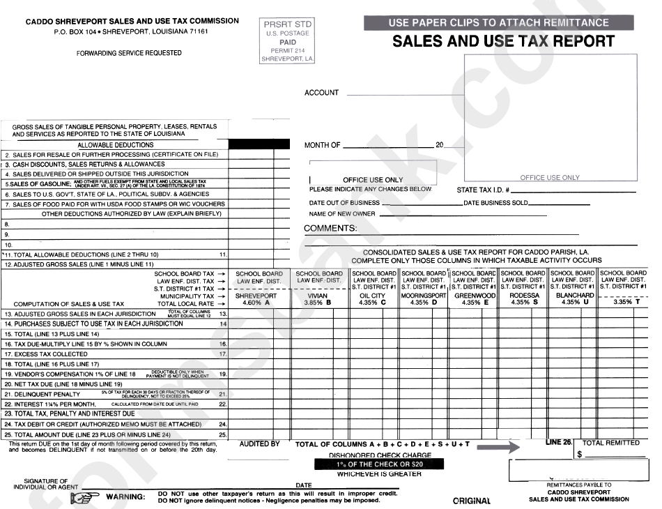 Sales And Use Tax Report - Caddo Shreveport Sales And Use Tax Commission