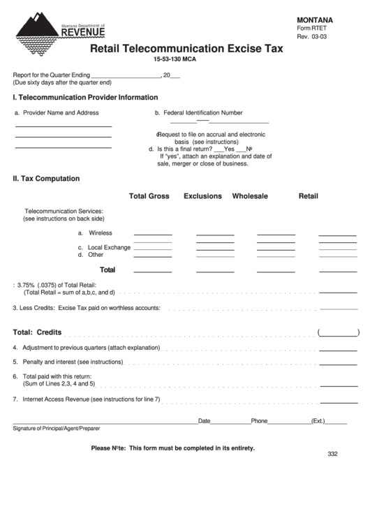 Form Rtet - Retail Telecommunication Excise Tax - Montana Printable pdf