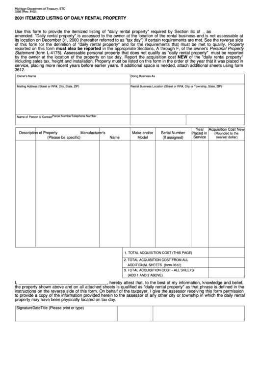 Form 3595 - 2001 Itemized Listing Of Daily Rental Property Printable pdf