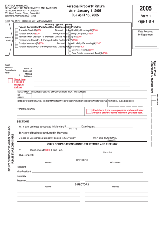 Fillable Form 1 - Personal Property Return - 2005 Printable pdf