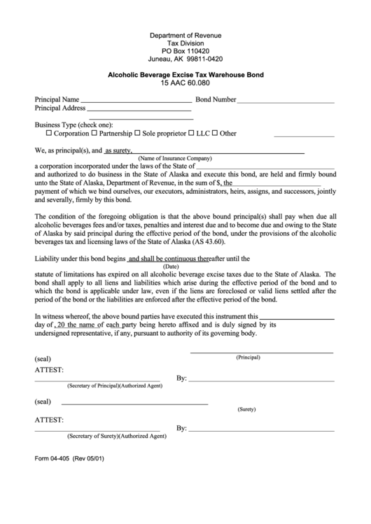 Form 04-405 - Alcoholic Beverage Excise Tax Warehouse Bond - Juneau - 2001 Printable pdf