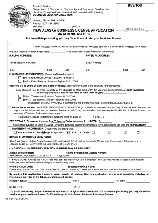 Fillable Form 08-4181 - New Alaska Business License Application Printable pdf