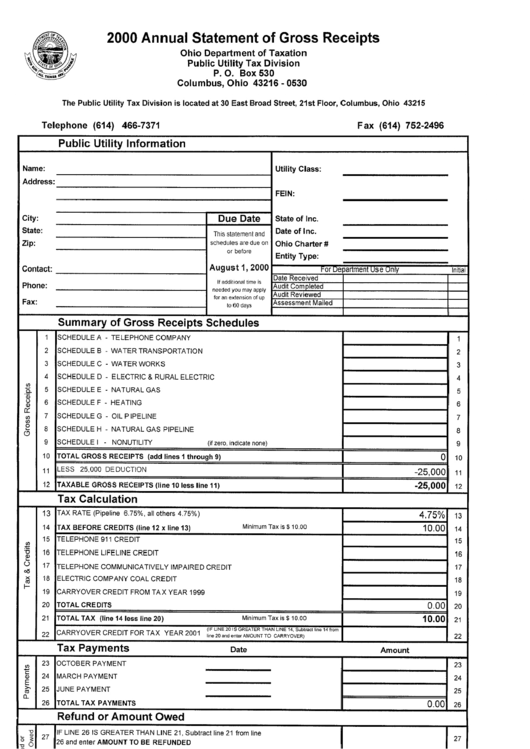 2000 Annual Statement Of Gross Receipts - Ohio Department Of Taxation Printable pdf