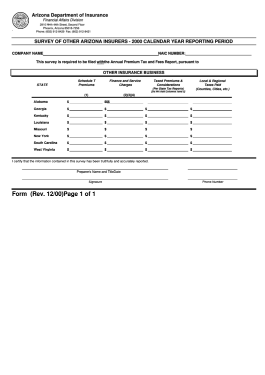Form E-Survey.other - Survey Of Other Arizona Insurers - 2000 Calendar Year Reporting Period Printable pdf