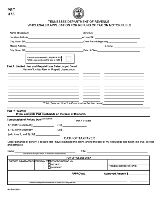 Form Pet 375 - Wholesaler Application For Refund Of Tax On Motor Fuels - Tennessee Department Of Revenue Printable pdf