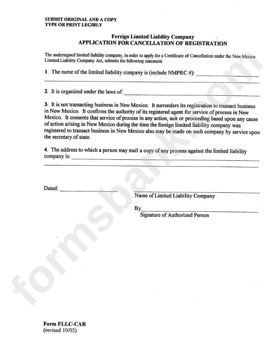 Form Fllc-Car - Application For Cancellation Of Registration For A Foreign Limited Company
