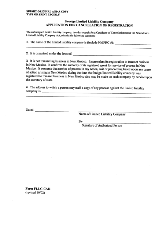 Form Fllc-Car - Application For Cancellation Of Registration For A Foreign Limited Company Printable pdf