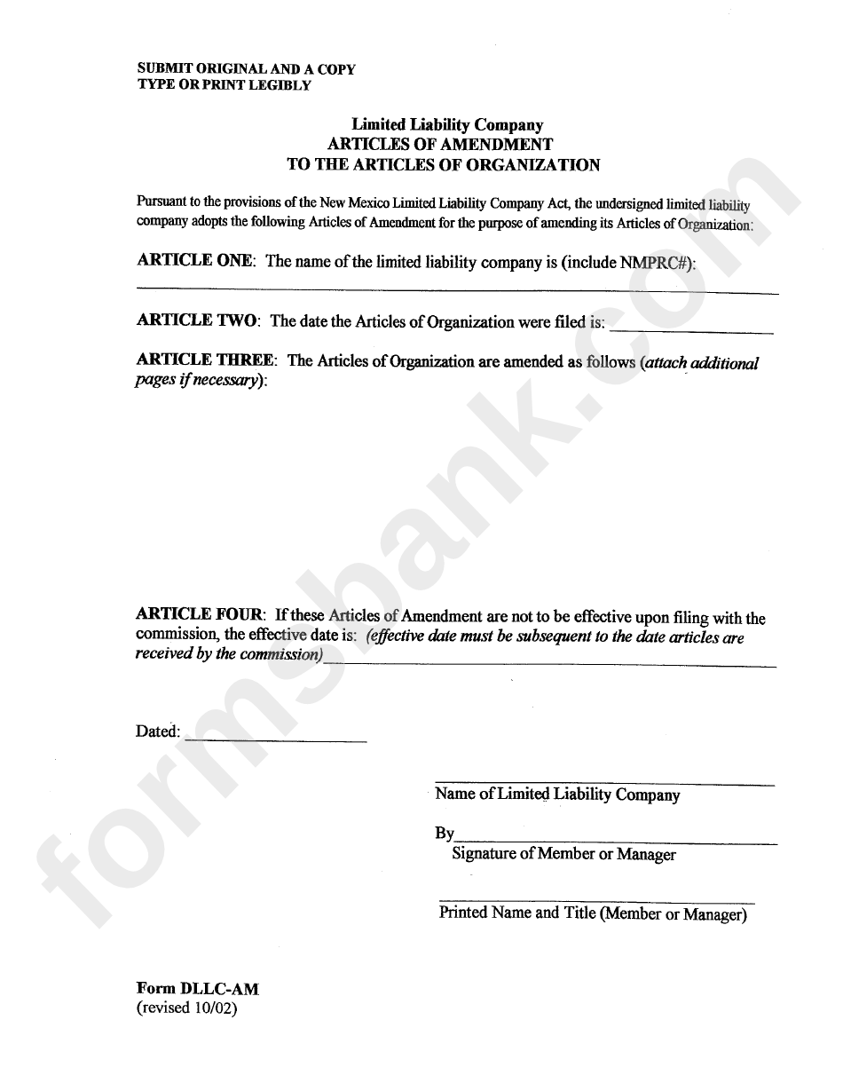 Form Dllc-Am - Articles Of Amendment To The Articles Of Organization For A Limited Liability Company