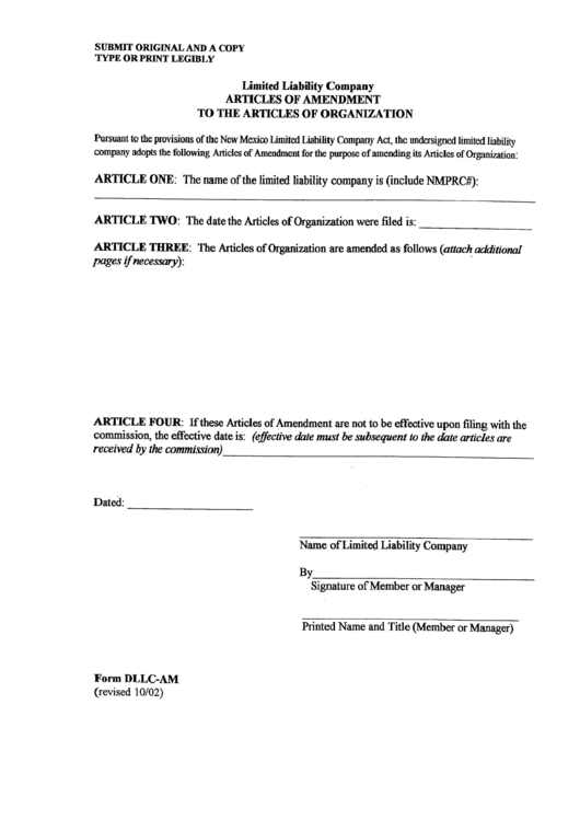 Form Dllc-Am - Articles Of Amendment To The Articles Of Organization For A Limited Liability Company Printable pdf