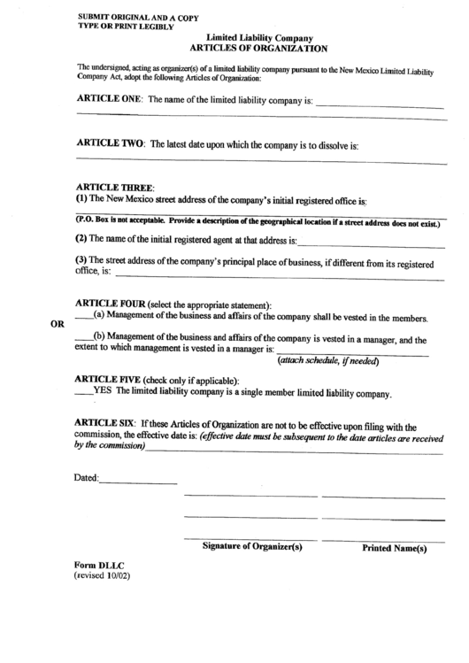 Form Dllc - Articles Of Organization For A Limited Liability Company Printable pdf