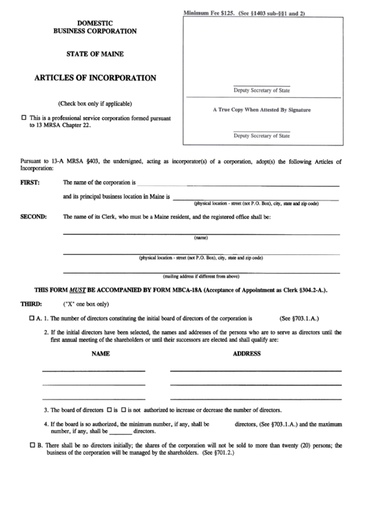 Form Mbca-6 - Articles Of Incorporation - Maine Secretary Of State Printable pdf