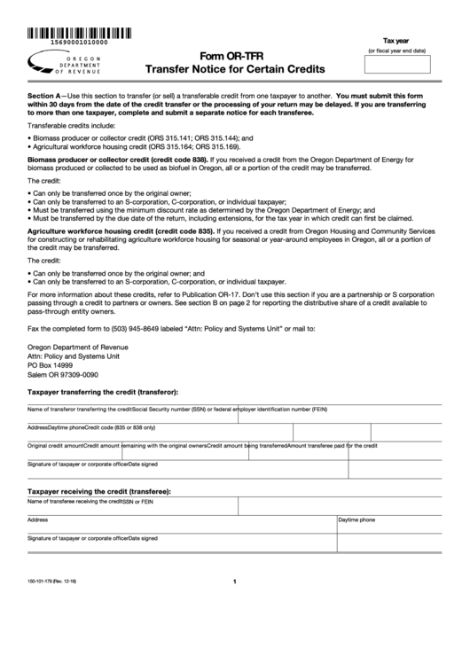 Form Or-Tfr - Transfer Notice For Certain Credits Printable pdf