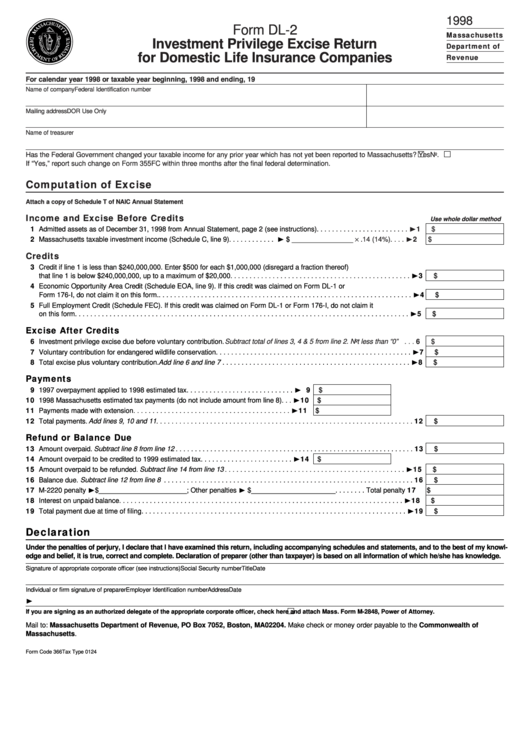 Fillable Form Dl-2 - Investment Privilege Excise Return For Domestic Life Insurance Companies - 1998 Printable pdf