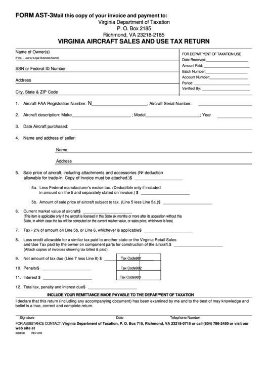 Form Ast-3 - Virginia Aircraft Sales And Use Tax Return Printable pdf