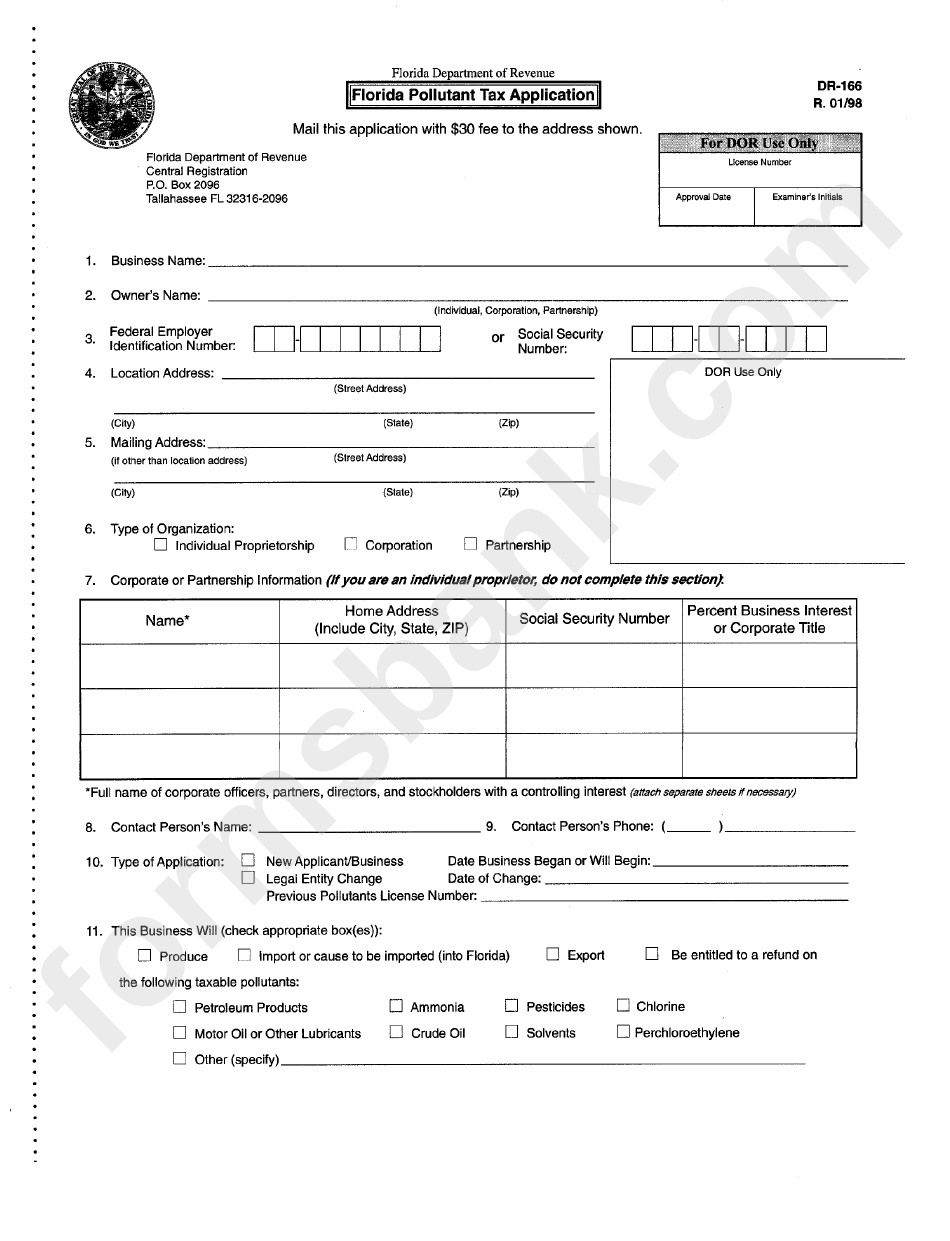Form Dr-166 - Florida Pollutant Tax Application - 1998