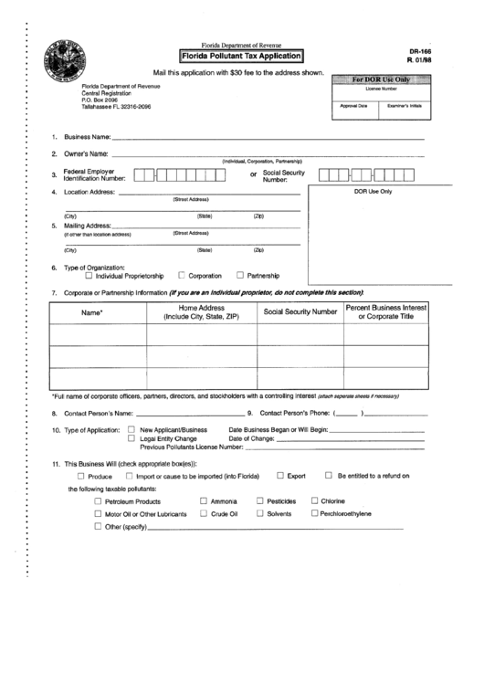Fillable Form Dr-166 - Florida Pollutant Tax Application - 1998 Printable pdf