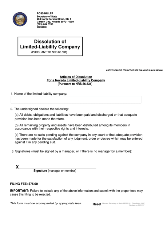 Fillable Dissolution Of Limited-Liability Company - Nevada Secretary Of State Printable pdf