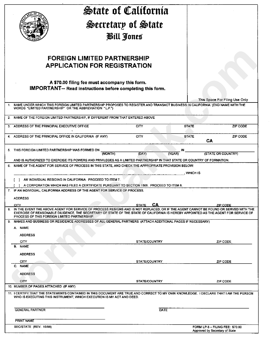 Form Lp-5 - Foreign Limited Partnership Application For Registration - California Secretary Of State