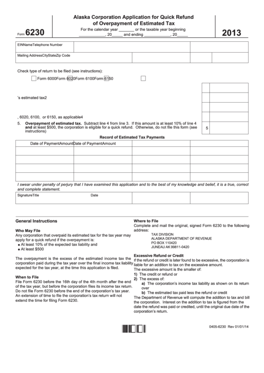 Form 6230 - Alaska Corporation Application For Quick Refund Of Overpayment Of Estimated Tax - 2013 Printable pdf