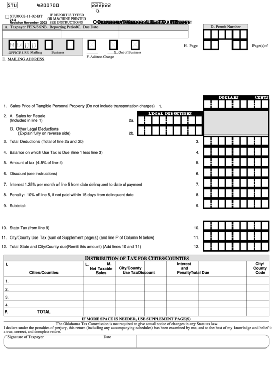 Form Stu - Oklahoma Vendors Use Tax Report - 2002 Printable pdf