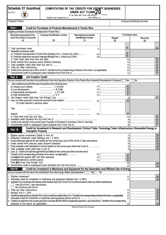 Schedule X1 Incentives - Computation Of Tax Credits For Exempt Businesses Under Act 73-2008 Printable pdf