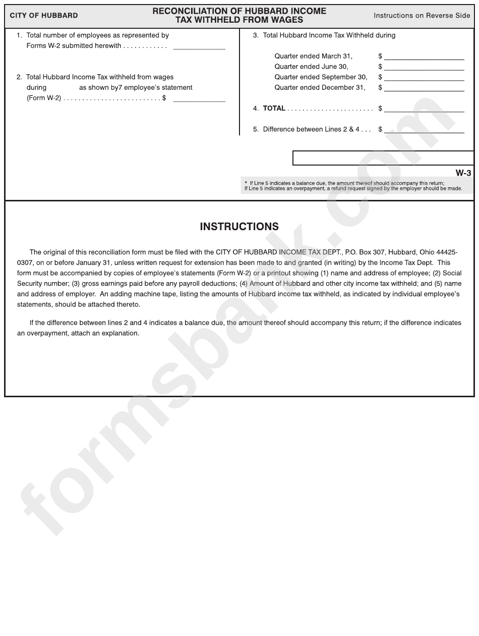 Form W-3 - Reconciliation Of Hubbard Income Tax Withheld From Wages