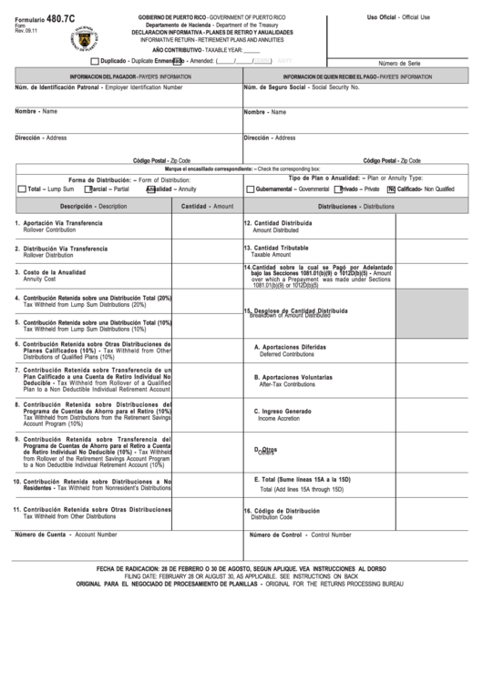 Form 480.7c - Informative Return - Retirement Plans And Annuities - 2011 Printable pdf