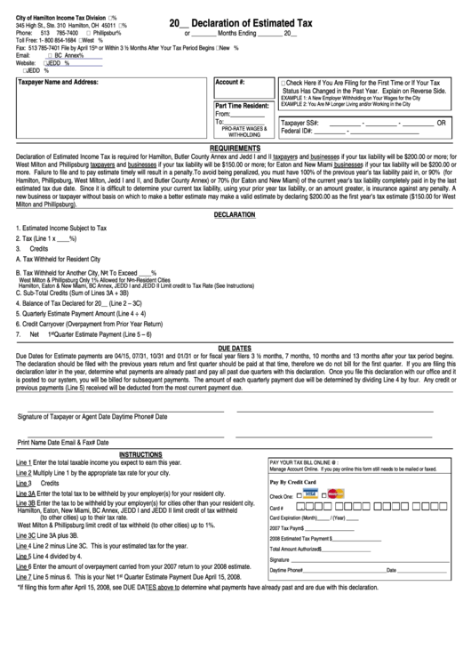 Declaration Of Estimated Tax Form - City Of Hamilton Income Tax Division Printable pdf