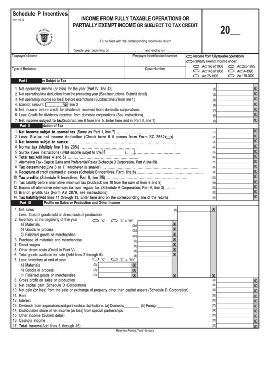 Schedule P Incentives - Income From Fully Taxable Operations Form Printable pdf