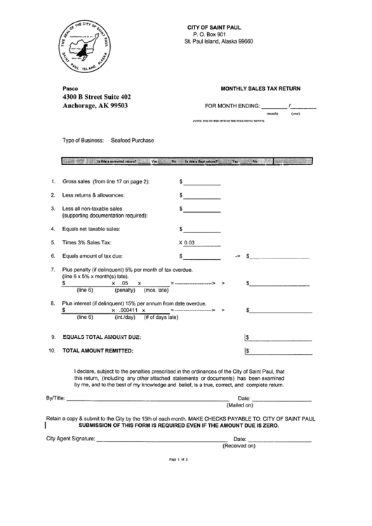 Monthly Sales Tax Return - City Of Saint Paul Printable pdf